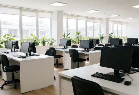 Un bureau moderne équipé de bureaux blancs, d'ordinateurs et de chaises noires, agrémenté de plantes vertes près des fenêtres.