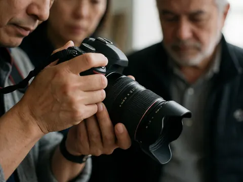 Des mains règlent les paramètres d'un boîtier reflex avec un objectif grand angle dans un environnement de studio professionnel.