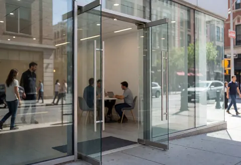Vue de l'entrée d'un bureau moderne avec des personnes travaillant à l'intérieur et d'autres marchant à l'extérieur.