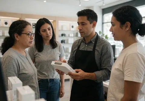 Un vendeur explique un produit à trois clients attentifs dans un environnement moderne.