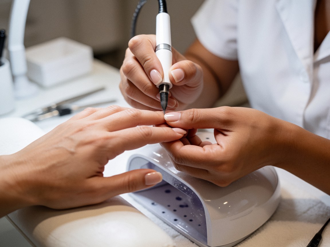 Gros plan d'une manucière professionnelle utilisant une lime électrique pour travailler les ongles d'une cliente dans un salon de beauté.
