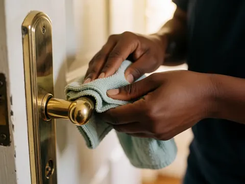 Une personne utilise un chiffon pour nettoyer une poignée de porte dorée à l'intérieur d'un bâtiment.