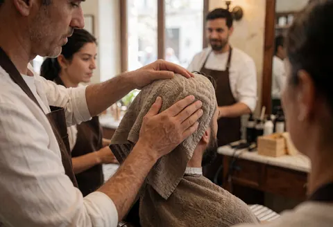 Un barbier applique une serviette chaude sur la tête d'un client tandis qu'un autre barbier et une coiffeuse travaillent en arrière-plan dans un salon moderne.