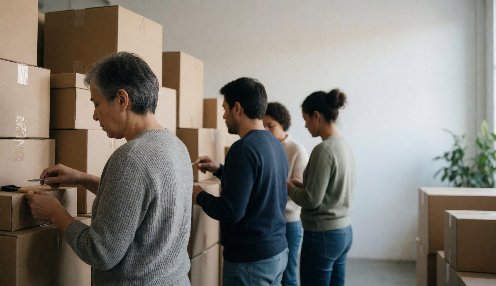 Quatre personnes alignées dans un entrepôt, scellant des boîtes en carton avec du ruban adhésif pour la logistique.