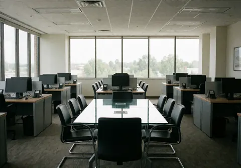Vue d'une salle de réunion moderne et vide équipée de tables, chaises et ordinateurs, prête pour une collaboration ou du travail à distance.