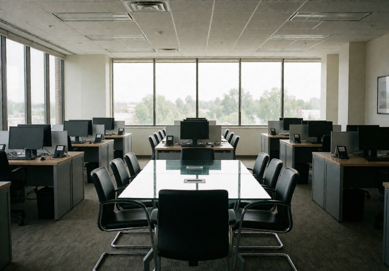 Vue d'une salle de réunion moderne et vide équipée de tables, chaises et ordinateurs, prête pour une collaboration ou du travail à distance.