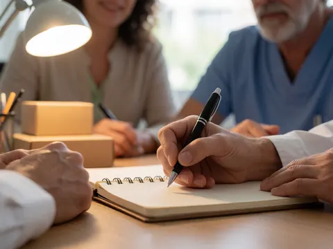 Une main écrit dans un cahin sur une table en bois avec une lampe allumée tandis que d'autres personnes sont en réunion en arrière-plan.