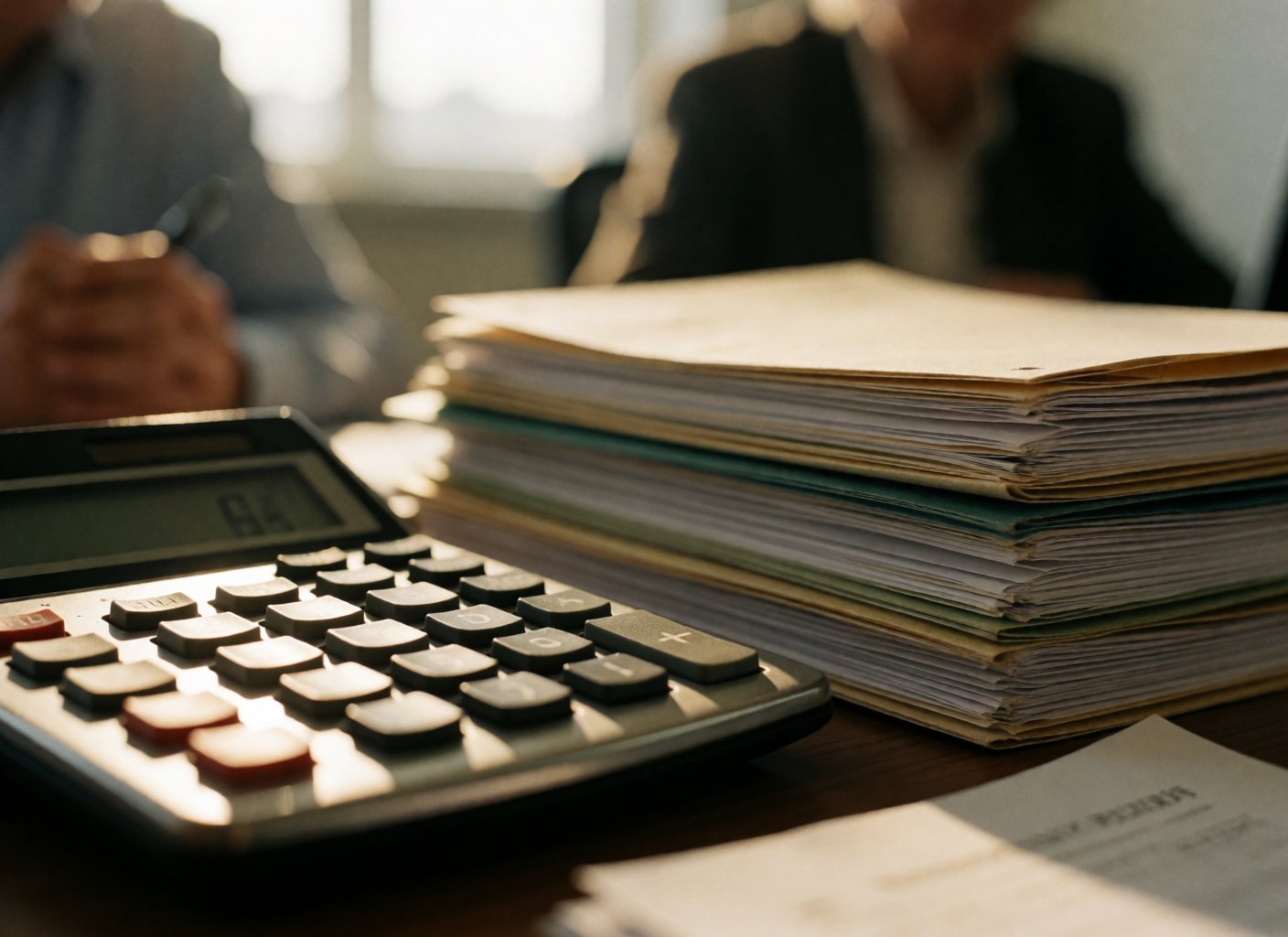 Une calculatrice au premier plan à côté de dossiers d'assurance sur un bureau de bureau avec des personnes en arrière-plan et un éclairage chaleureux et professionnel.