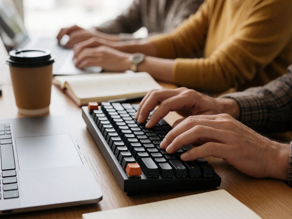 Gros plan de mains écrivant sur un clavier mécanique avec une tasse de café et un carnet posés sur le bureau dans un environnement de travail professionnel.