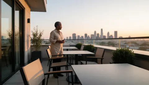 Une femme profite du coucher de soleil depuis une terrasse équipée de tables et chaises, offrant une vue panoramique sur la ville en arrière-plan.