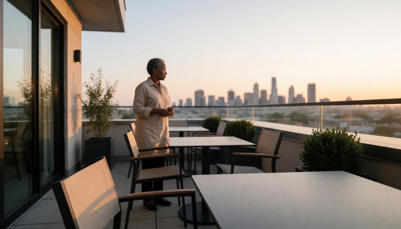 Une femme profite du coucher de soleil depuis une terrasse équipée de tables et chaises, offrant une vue panoramique sur la ville en arrière-plan.