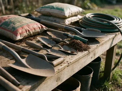 Des outils de jardinage tels que des bêches, des pelles et des sacs de paillis disposés sur une vieille table en bois baignée d'une lumière solaire chaude.