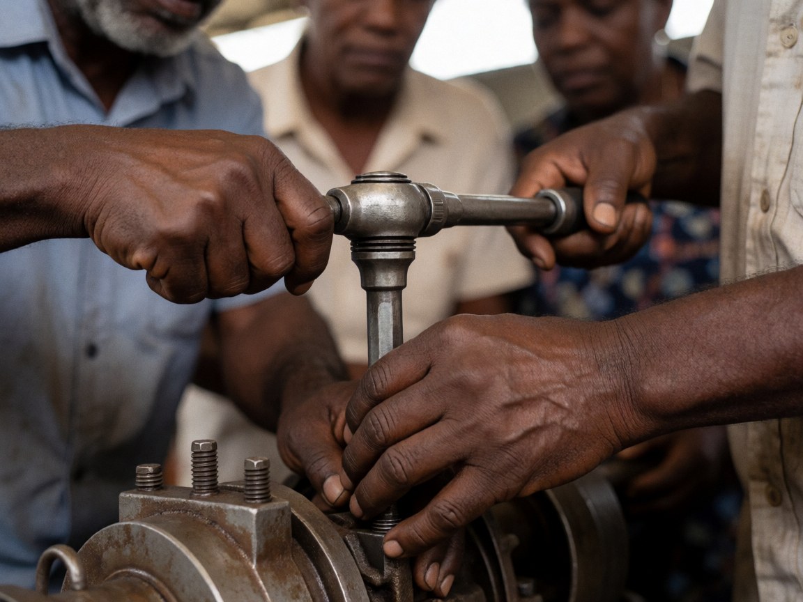 Des mains utilisant une clé dynamométrique pour réparer de la machinerie lourde dans un atelier avec du personnel en arrière-plan.