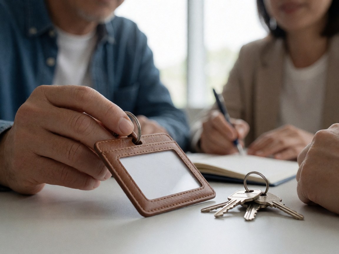 Des mains présentent des clés et une carte sur une table en bois pendant qu'une autre personne prend des notes dans un carnet.