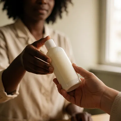 Une main tend un flacon de soin capillaire à une autre personne dans un salon de beauté éclairé de manière professionnelle.