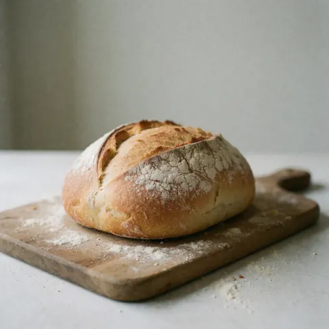 Miche de pain artisanal à la croûte dorée parsemée de farine, présentée sur une table en bois rustique éclairée par une lumière naturelle douce.