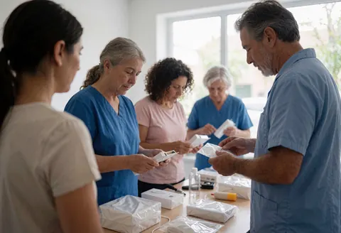 Des professionnels de la santé manipulent et organisent des équipements médicaux sur une table dans un cadre clinique.
