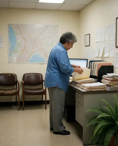 Une femme senior trie des classeurs contenant des documents dans un espace de travail équipé d'une carte murale et de chaises.