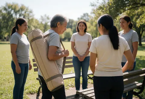 Un instructeur de yoga portant un sac à dos enseigne à un groupe de femmes dans un parc ensoleillé.