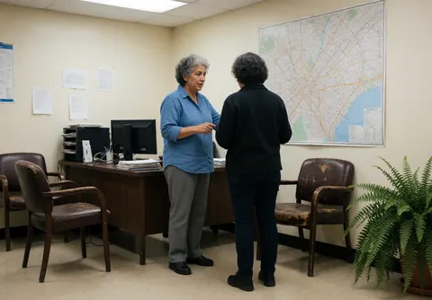 Une femme âgée explique un plan à un client dans un bureau équipé de chaises, d'un ordinateur et d'une plante verte.