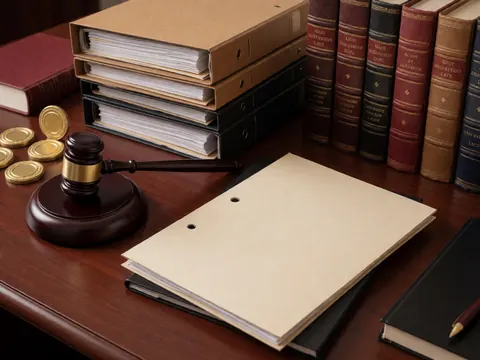 Vue rapprochée d'un bureau en bois orné de livres juridiques, d'un marteau de juge et de pièces d'or disposées sur la surface.