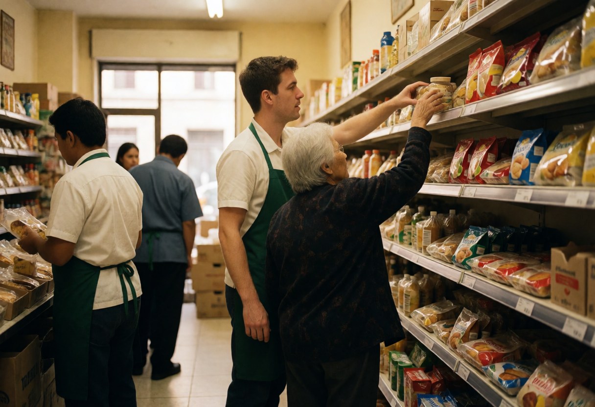 Un employé de magasin aide une cliente âgée à atteindre un produit sur une étagère haute dans un petit supermarché.