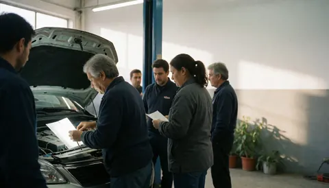 Un groupe de mécaniciens professionnels et un client consultent ensemble un document technique à côté d'un véhicule dont le capot est ouvert dans un atelier de réparation automobile.