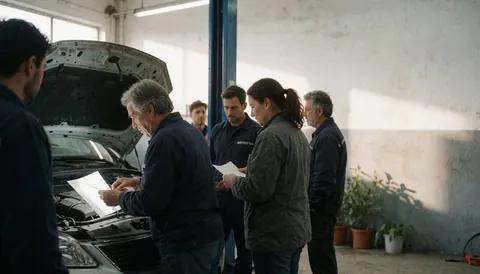 Un groupe de mécaniciens professionnels et un client consultent ensemble un document technique à côté d'un véhicule dont le capot est ouvert dans un atelier de réparation automobile.
