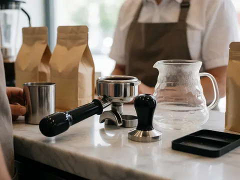 Un barista portant un tablier prépare du café à l'aide d'outils sur un comptoir en marbre blanc.