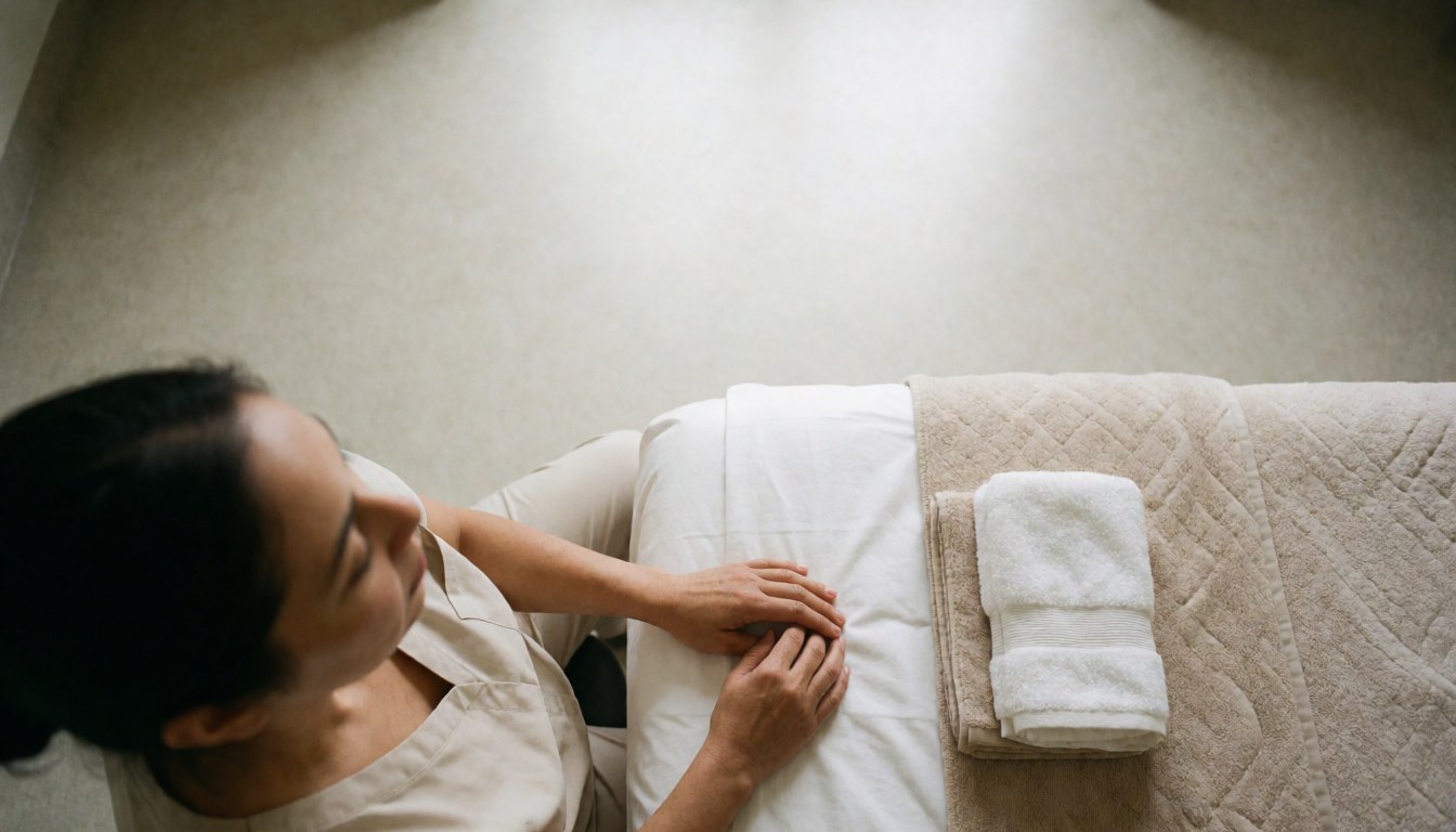Une femme dispose des serviettes propres et une couverture beige sur une table de massage dans un cadre relaxant et minimaliste.