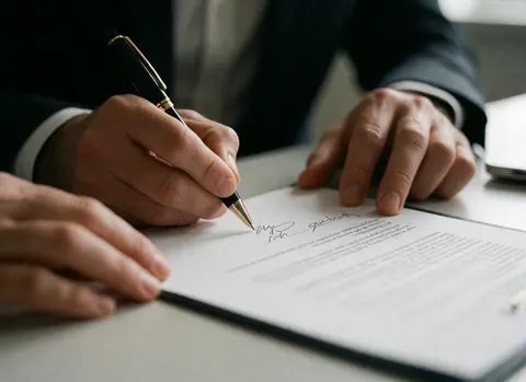 Une personne utilise un stylo noir pour signer un document posé sur une table de bureau dans un cadre professionnel.
