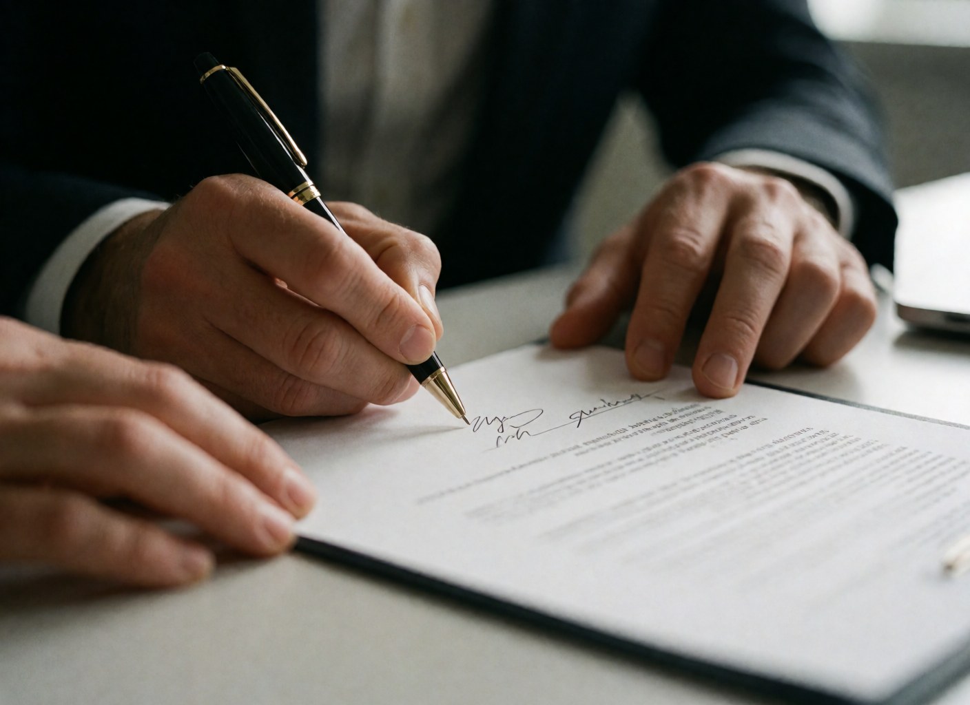 Une personne utilise un stylo noir pour signer un document posé sur une table de bureau dans un cadre professionnel.