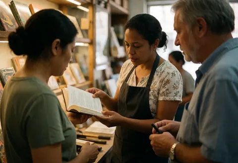 Une employée de librairie montre un livre à un client tandis qu'un autre observe. Scène chaleureuse avec des étagères de livres en arrière-plan.
