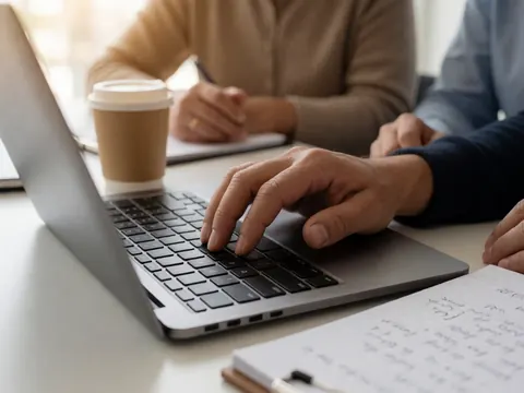 Personne utilisant un ordinateur portable avec une tasse de café et un carnet de notes dans un bureau comptable éclairage chaleureux réaliste.