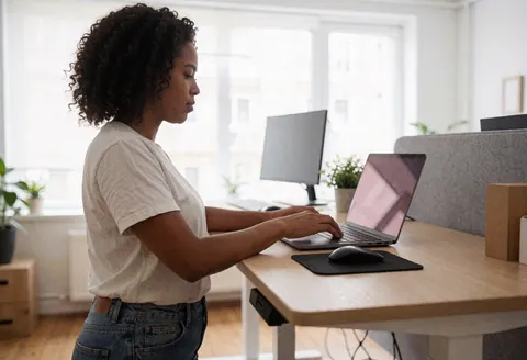 Une jeune femme travaille sur un ordinateur portable à son bureau de bureau avec une fenêtre en arrière-plan et des plantes.