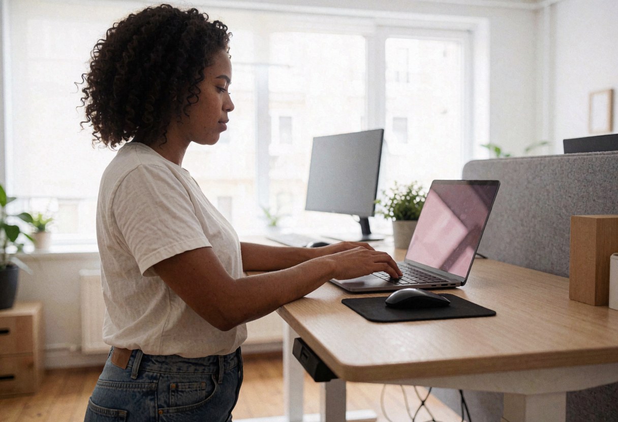 Une jeune femme travaille sur un ordinateur portable à son bureau de bureau avec une fenêtre en arrière-plan et des plantes.