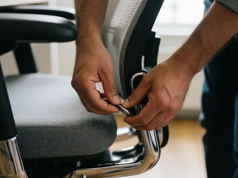 Un homme ajuste la tension d'une chaise de bureau ergonomique avec mécanisme chromé et siège rembourré dans un cadre professionnel.