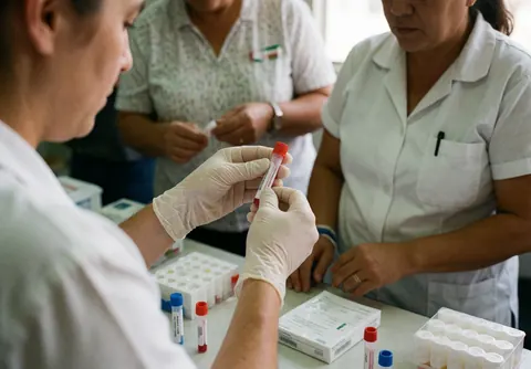 Un technicien portant des gants tient un tube à essai dans un laboratoire clinique avec d'autres professionnels.