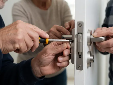 Trois mains utilisent un tournevis pour installer un verrou de sécurité sur une porte blanche.