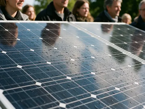 Gros plan sur un panneau solaire parsemé de gouttes d'eau reflétant des silhouettes humaines en arrière-plan par temps ensoleillé.