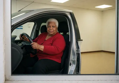 Une femme âgée aux cheveux blancs portant un cardigan rouge est assise au volant d'une voiture avec l'intérieur d'un bureau visible par la fenêtre.