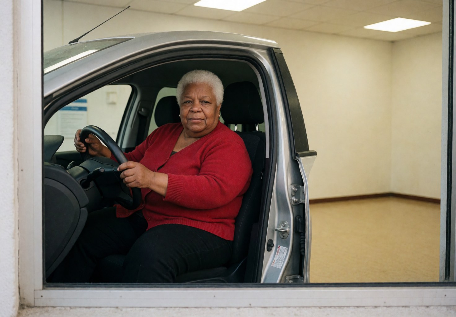 Une femme âgée aux cheveux blancs portant un cardigan rouge est assise au volant d'une voiture avec l'intérieur d'un bureau visible par la fenêtre.