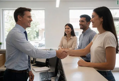 Un client sourit en serrant la main d'un employé dans une réception moderne, tandis que deux collègues observent la scène.