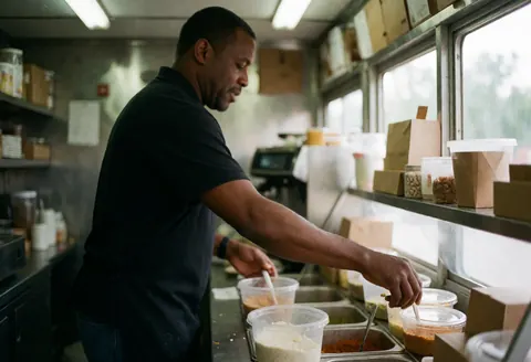 Un cuisinier prépare de la nourriture dans un food truck en utilisant des récipients et des ustensiles dans une cuisine mobile.