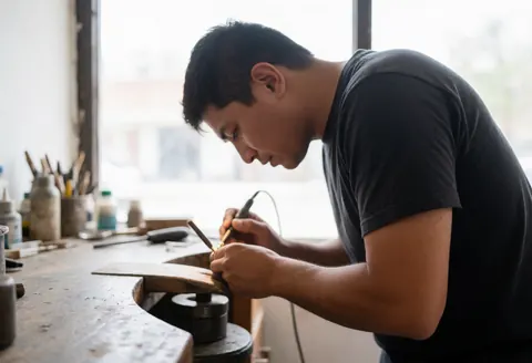 Un artisan joaillier utilise des outils spécialisés dans son atelier pour travailler le métal avec précision sur une pièce de bijouterie.