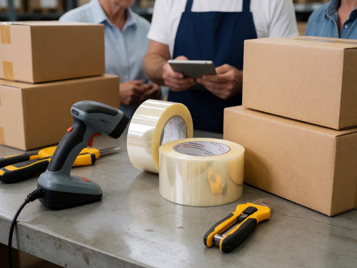Des mains manipulant un scanner, du ruban adhésif et des cartons sur une table de travail en bois dans un atelier logistique.