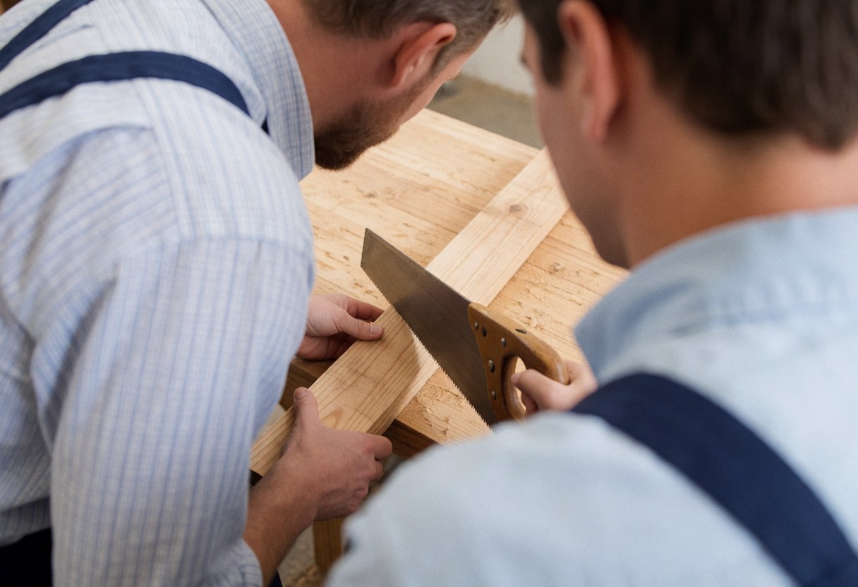 Deux hommes travaillent ensemble dans un atelier, l'un tient une scie manuelle tandis que l'autre maintient le morceau de bois.