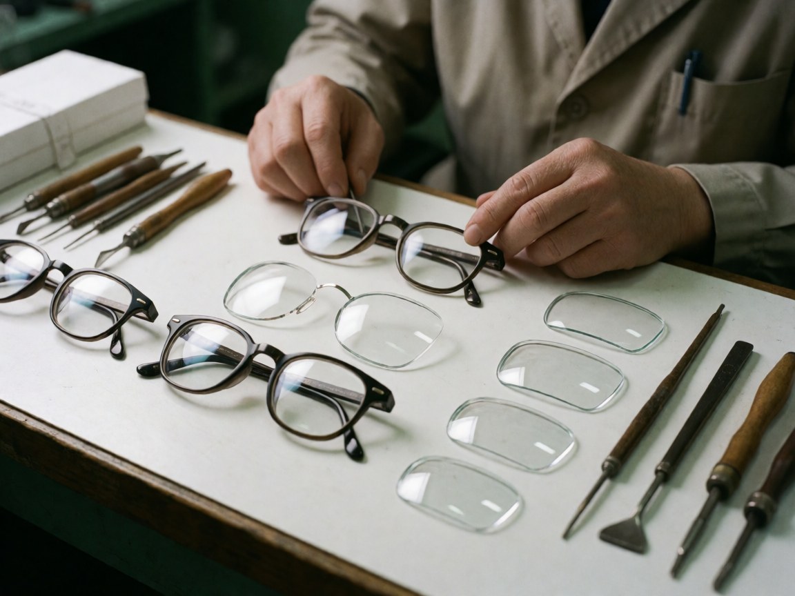 Un professionnel ajuste des lunettes sur une table avec des outils et des verres de rechange.