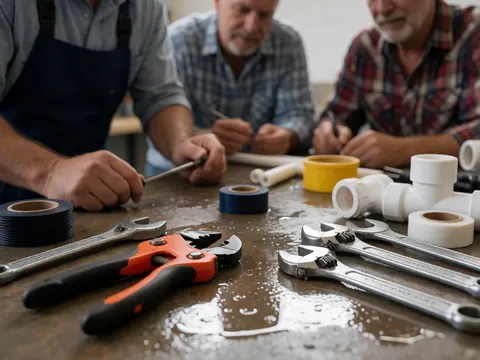 Trois plombiers effectuent des travaux sur une table encombrée d'outils, de tuyaux, d'eau et de ruban adhésif dans un atelier humide.
