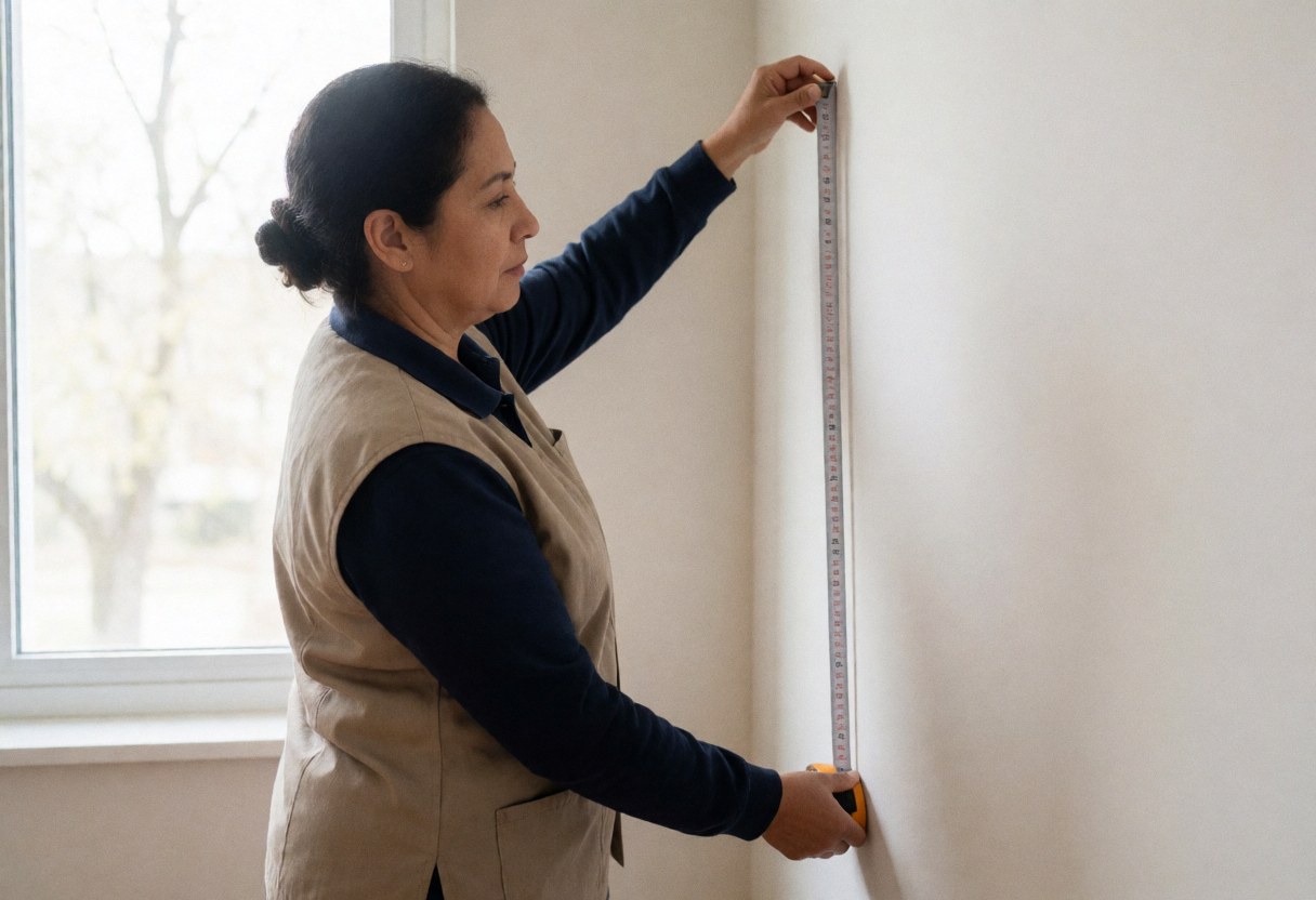 Une femme utilise un mètre ruban pour mesurer la hauteur d'un mur blanc dans une pièce éclairée par une fenêtre.